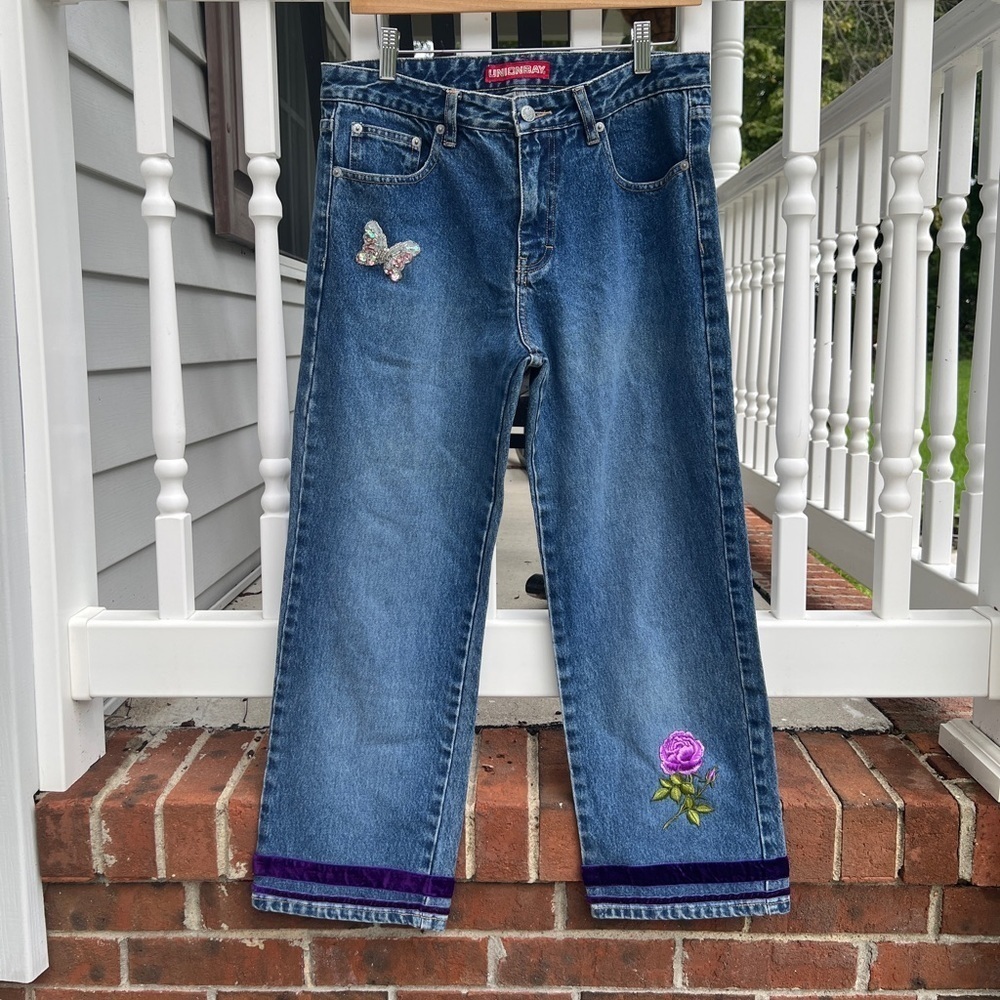 Vintage 90s Y2K Denim Sequin Low Rise Cropped Capri Jeans Size 9 Unionbay